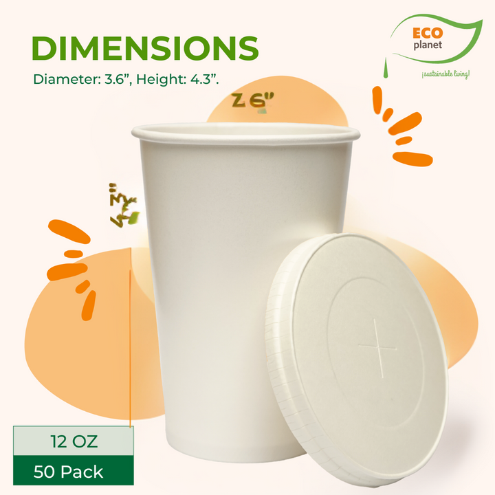 Compostable Disposable Cups with Lids | Biodegradable and Eco-Friendly Beverage Solution | Durable Cups for Hot and Cold Drinks (12 oz)