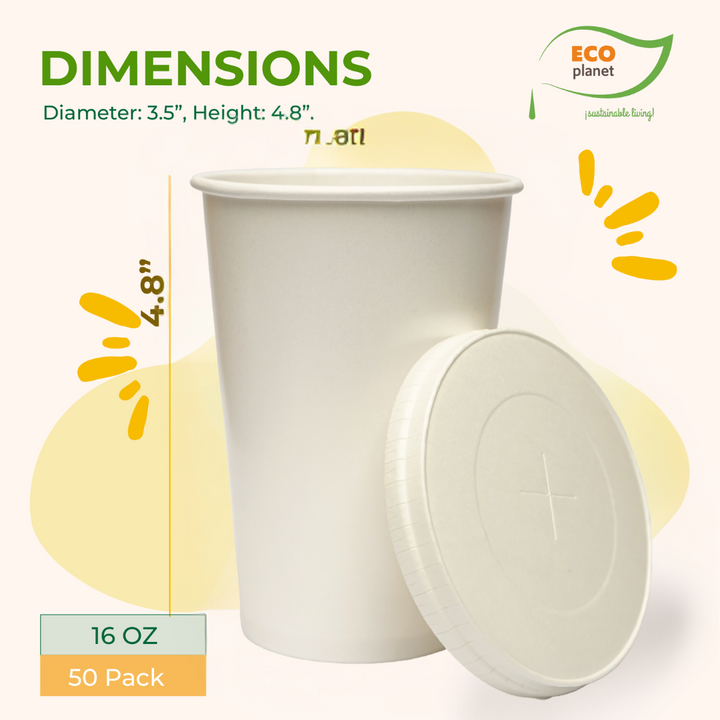 Compostable Disposable Cups with Lids | Biodegradable and Eco-Friendly Beverage Solution | Durable Cups for Hot and Cold Drinks (16 oz)